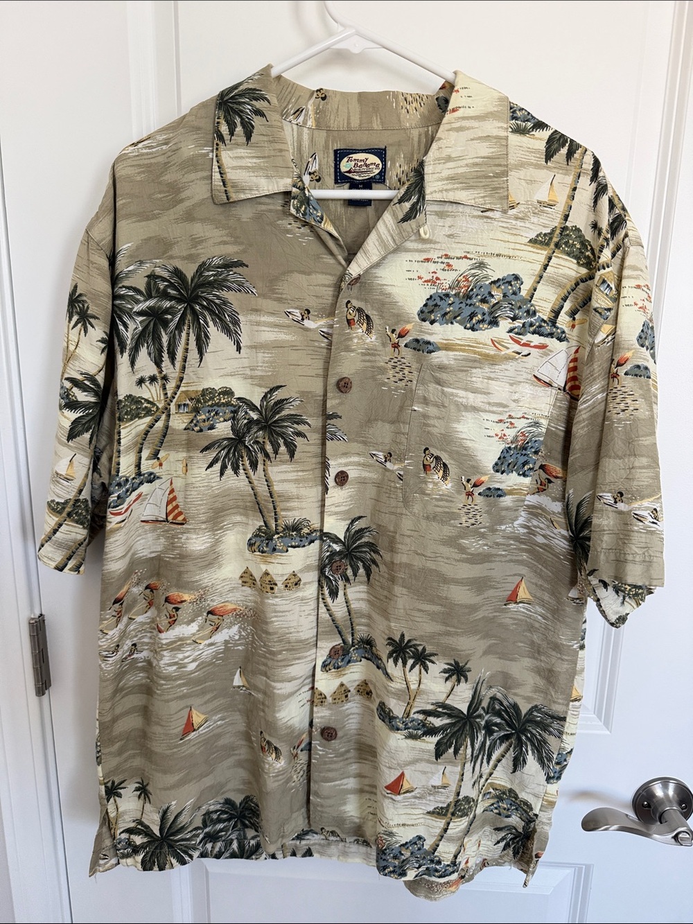 Tommy Bahama Vintage Beige Tropical Palm & Sailboat Camp Shirt